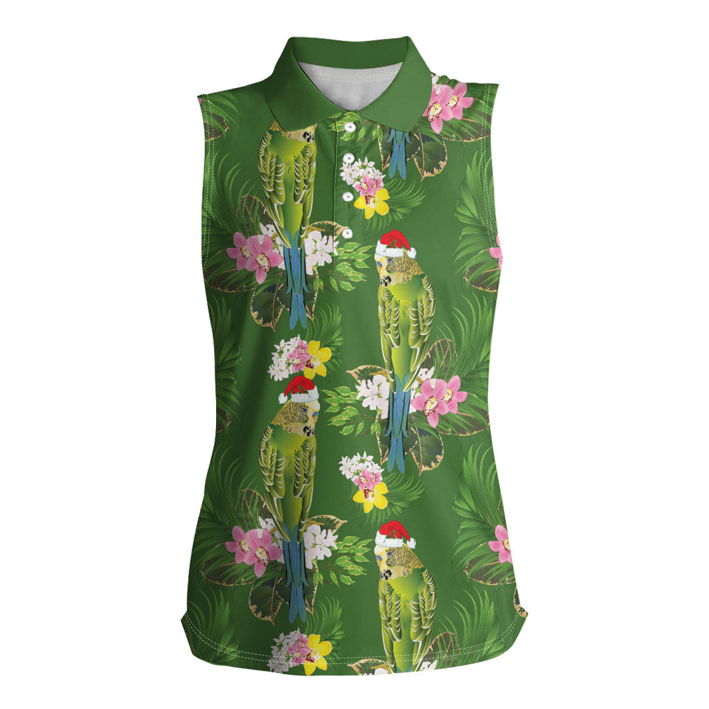 Aussie Santa Budgie Christmas Women Sleeveless Polo Shirt Green Parakeet Tropical Floral