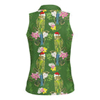 Aussie Santa Budgie Christmas Women Sleeveless Polo Shirt Green Parakeet Tropical Floral