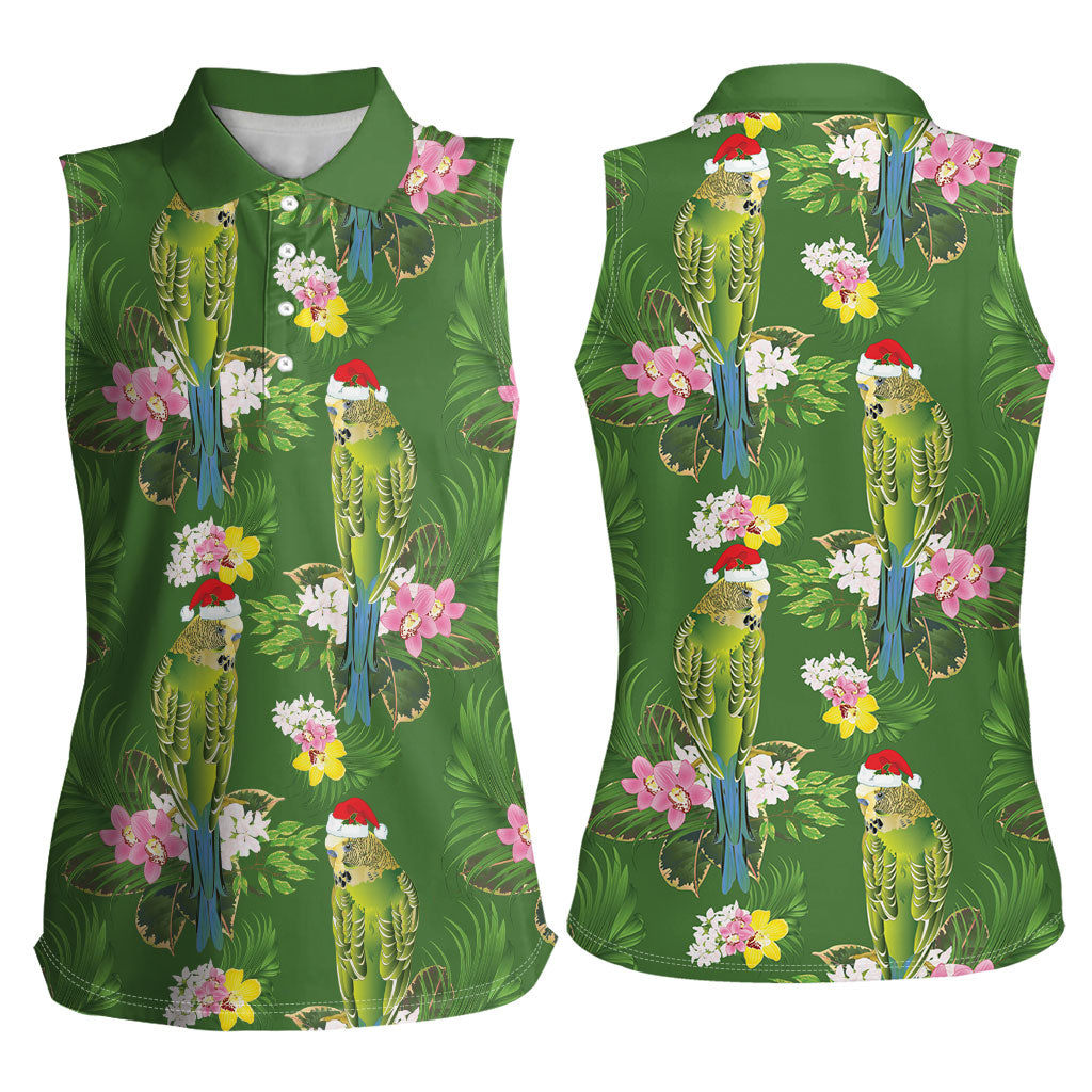 Aussie Santa Budgie Christmas Women Sleeveless Polo Shirt Green Parakeet Tropical Floral