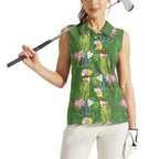 Aussie Santa Budgie Christmas Women Sleeveless Polo Shirt Green Parakeet Tropical Floral