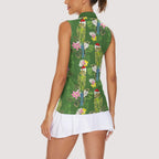 Aussie Santa Budgie Christmas Women Sleeveless Polo Shirt Green Parakeet Tropical Floral