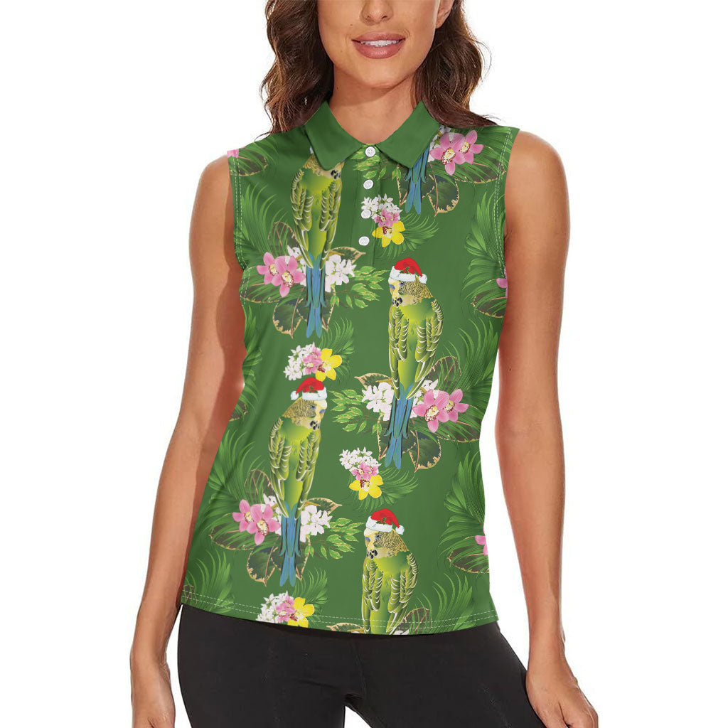Aussie Santa Budgie Christmas Women Sleeveless Polo Shirt Green Parakeet Tropical Floral