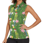 Aussie Santa Budgie Christmas Women Sleeveless Polo Shirt Green Parakeet Tropical Floral
