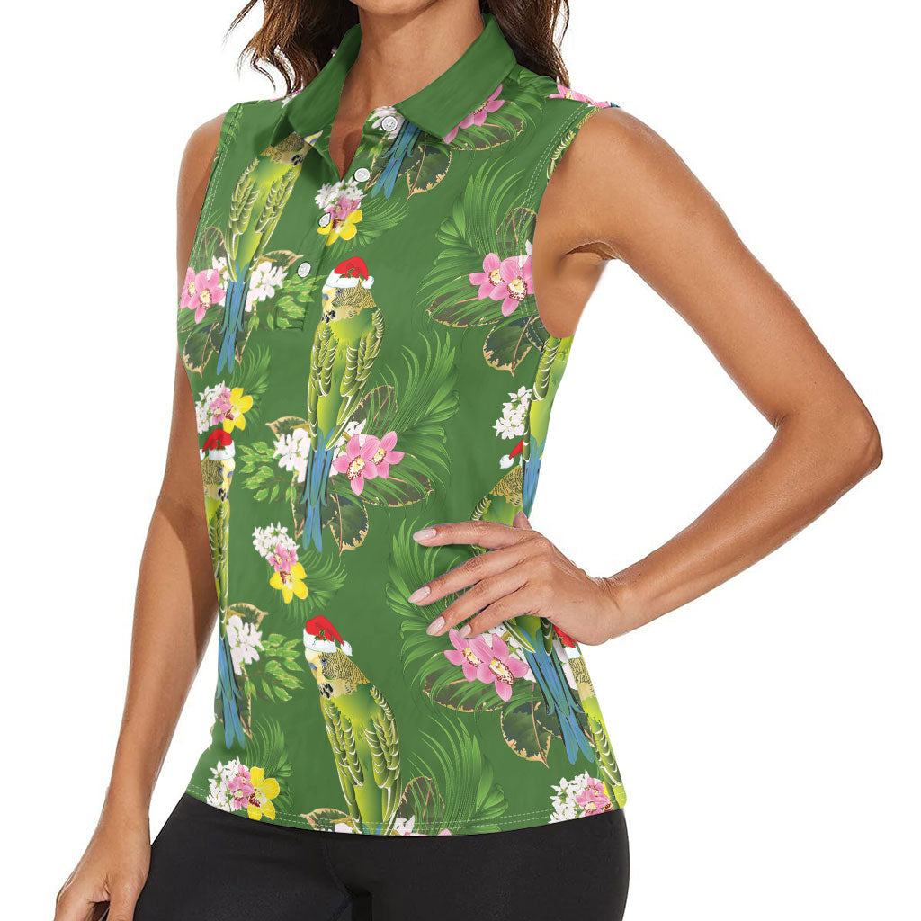Aussie Santa Budgie Christmas Women Sleeveless Polo Shirt Green Parakeet Tropical Floral