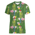 Aussie Santa Budgie Christmas Women V-Neck T-Shirt Green Parakeet Tropical Floral