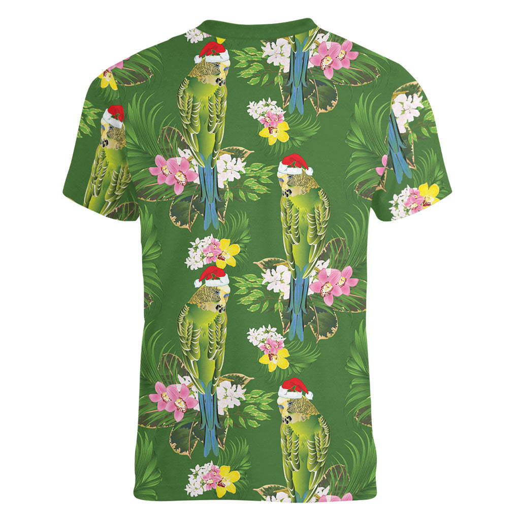 Aussie Santa Budgie Christmas Women V-Neck T-Shirt Green Parakeet Tropical Floral