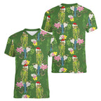 Aussie Santa Budgie Christmas Women V-Neck T-Shirt Green Parakeet Tropical Floral