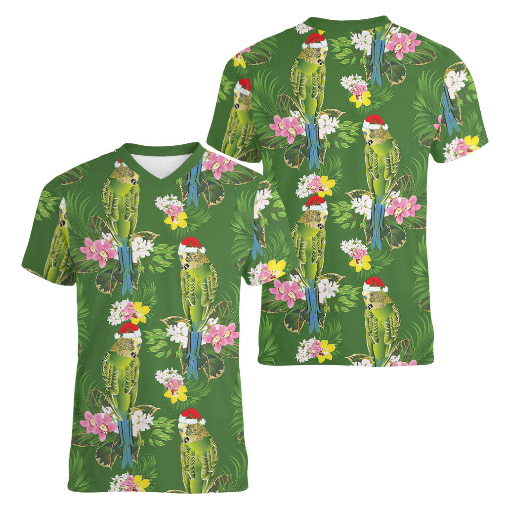 Aussie Santa Budgie Christmas Women V-Neck T-Shirt Green Parakeet Tropical Floral
