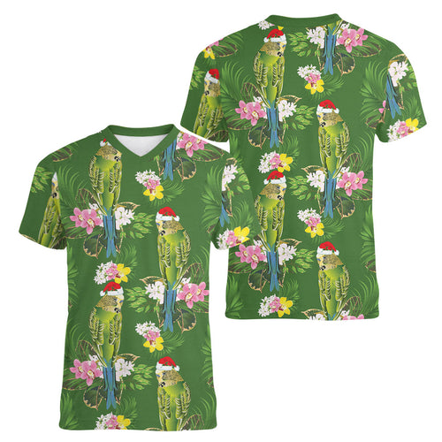 Aussie Santa Budgie Christmas Women V-Neck T-Shirt Green Parakeet Tropical Floral
