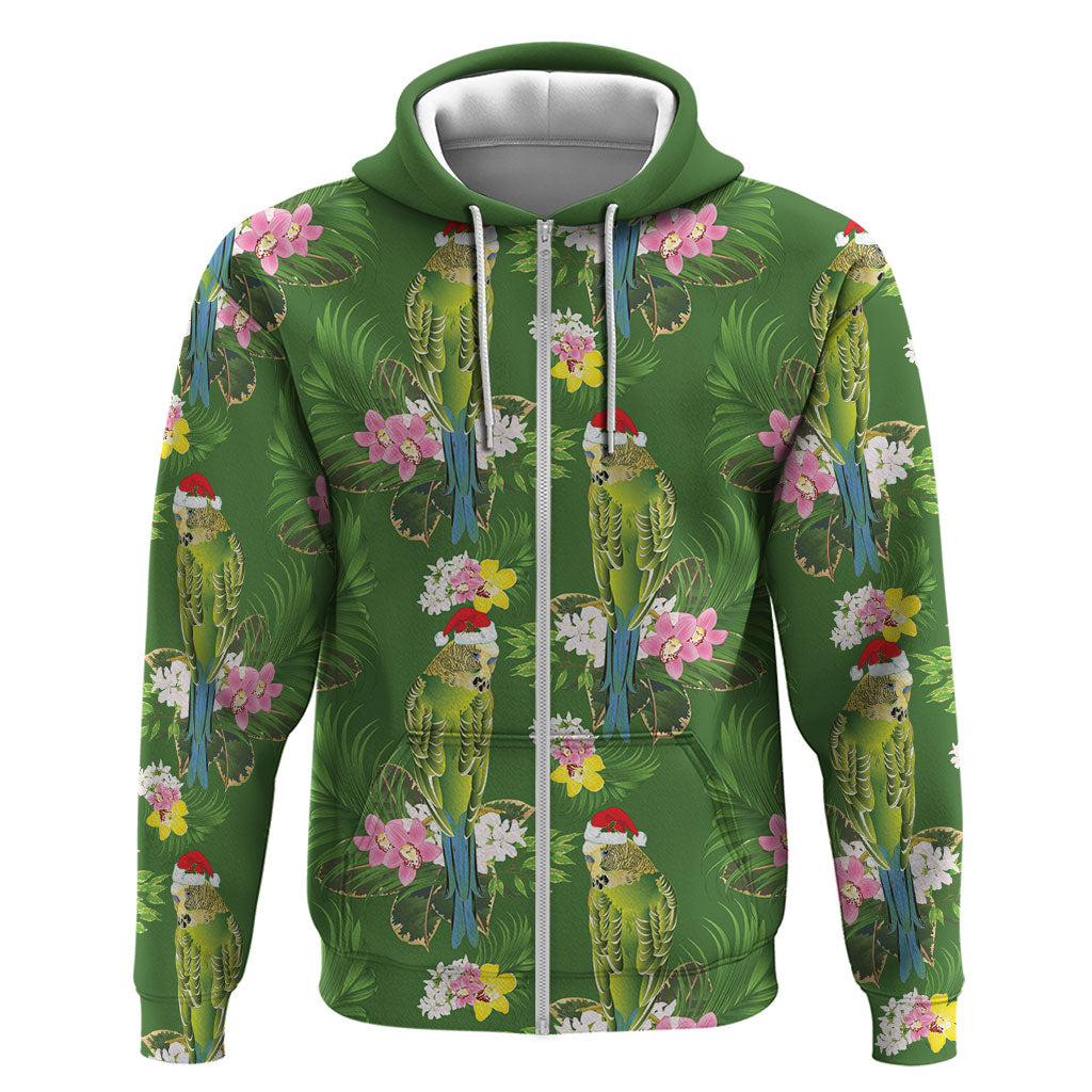 Aussie Santa Budgie Christmas Zip Hoodie Green Parakeet Tropical Floral
