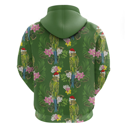 Aussie Santa Budgie Christmas Zip Hoodie Green Parakeet Tropical Floral