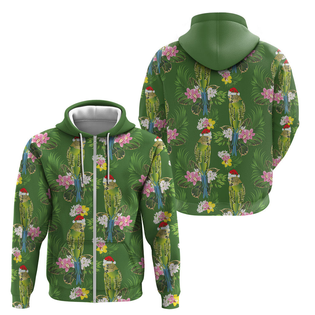 Aussie Santa Budgie Christmas Zip Hoodie Green Parakeet Tropical Floral