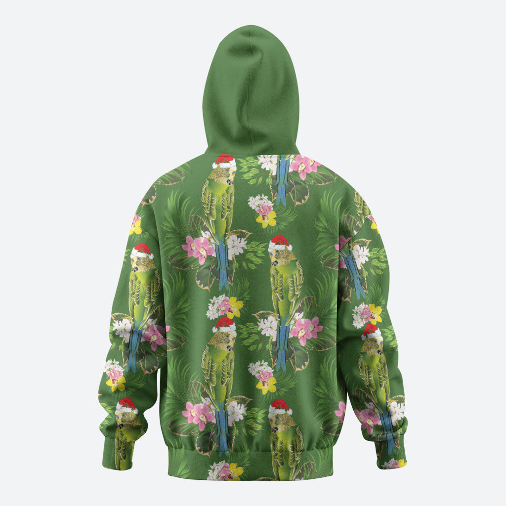 Aussie Santa Budgie Christmas Zip Hoodie Green Parakeet Tropical Floral