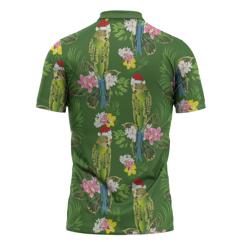 Aussie Santa Budgie Christmas Zipper Polo Shirt Green Parakeet Tropical Floral