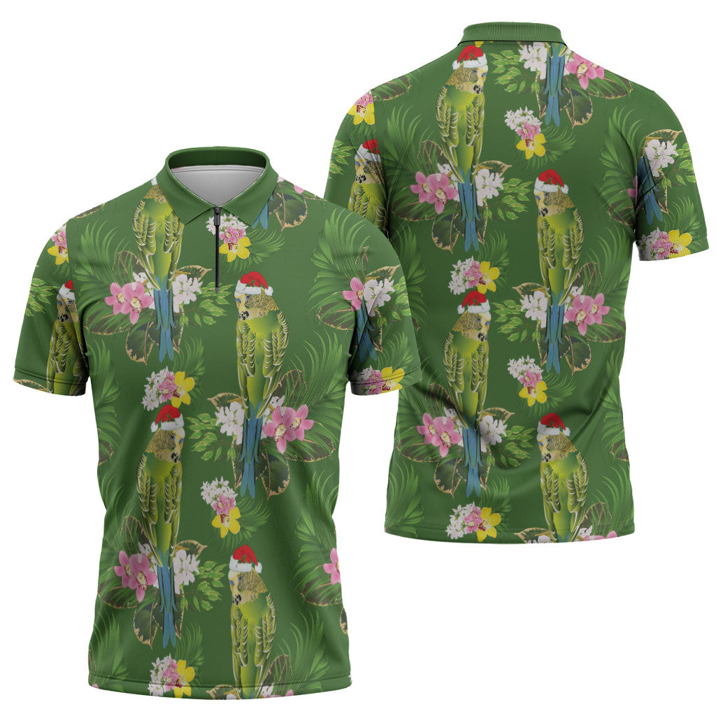 Aussie Santa Budgie Christmas Zipper Polo Shirt Green Parakeet Tropical Floral