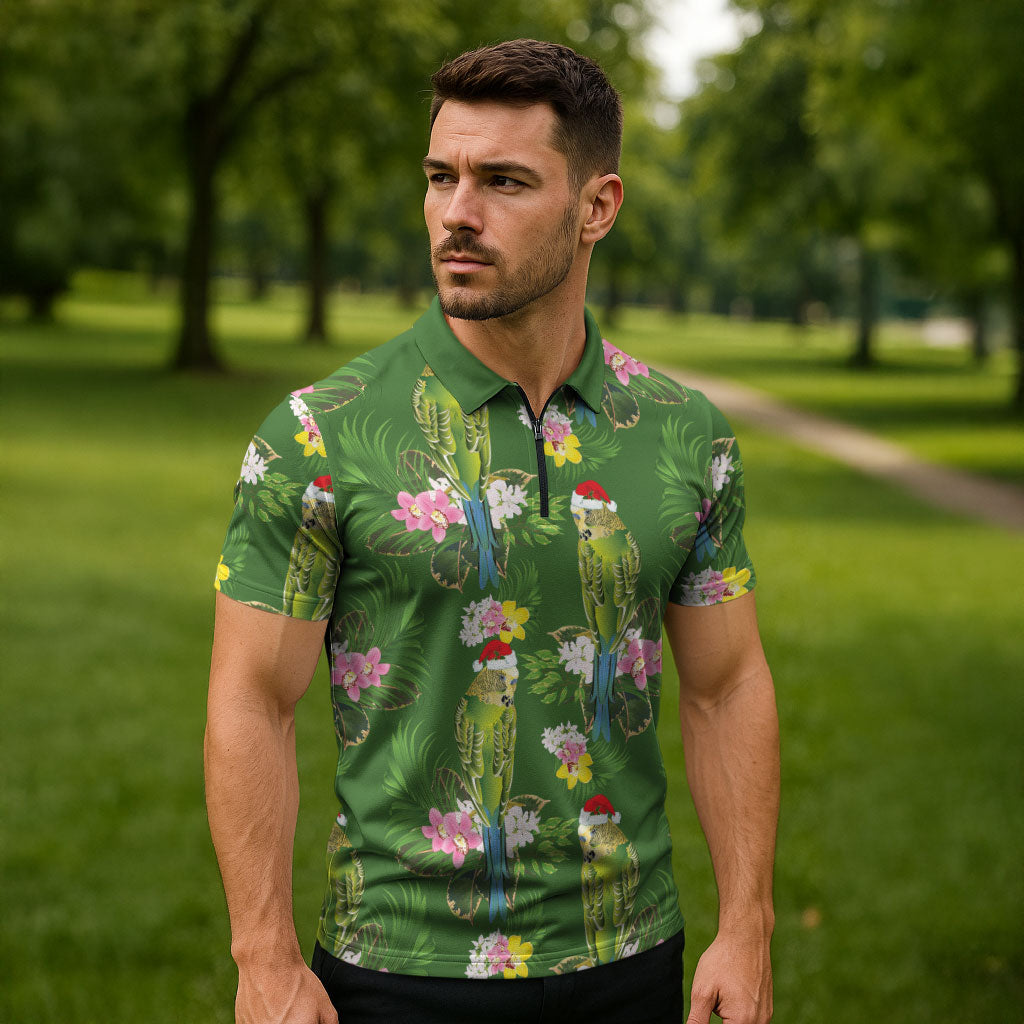 Aussie Santa Budgie Christmas Zipper Polo Shirt Green Parakeet Tropical Floral