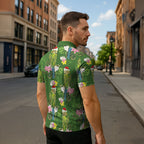 Aussie Santa Budgie Christmas Zipper Polo Shirt Green Parakeet Tropical Floral