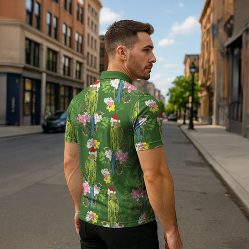 Aussie Santa Budgie Christmas Zipper Polo Shirt Green Parakeet Tropical Floral