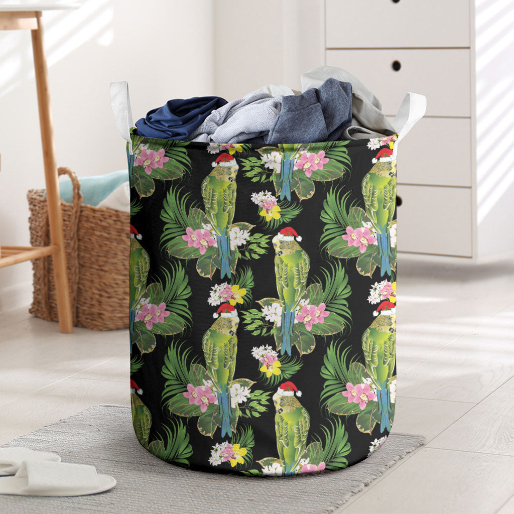 Aussie Santa Budgie Christmas Laundry Basket Black Parakeet Tropical Floral