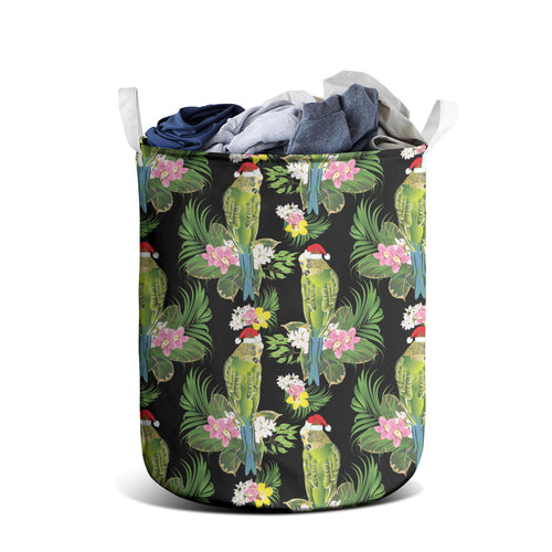 Aussie Santa Budgie Christmas Laundry Basket Black Parakeet Tropical Floral