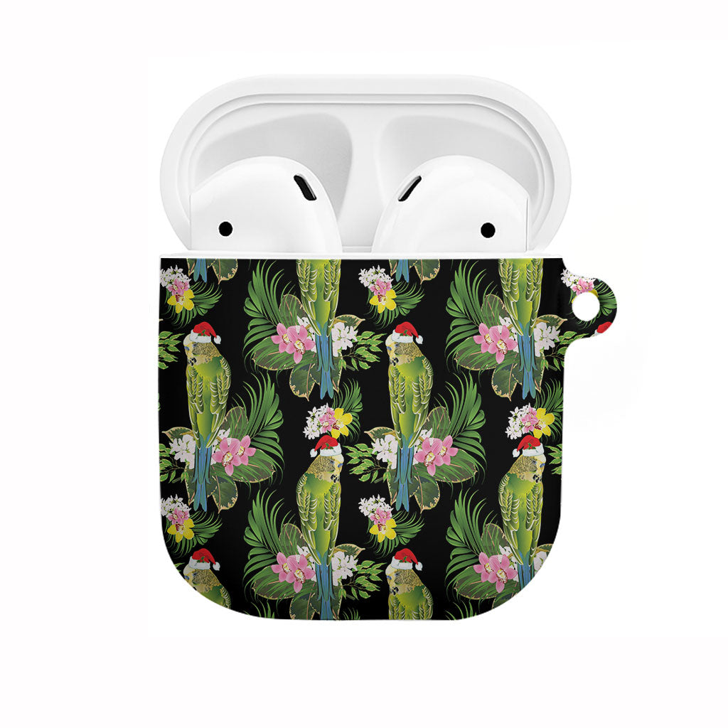 Aussie Santa Budgie Christmas AirPods Case Black Parakeet Tropical Floral
