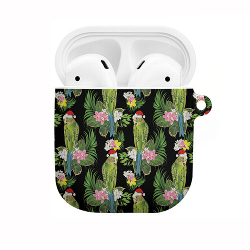 Aussie Santa Budgie Christmas AirPods Case Black Parakeet Tropical Floral