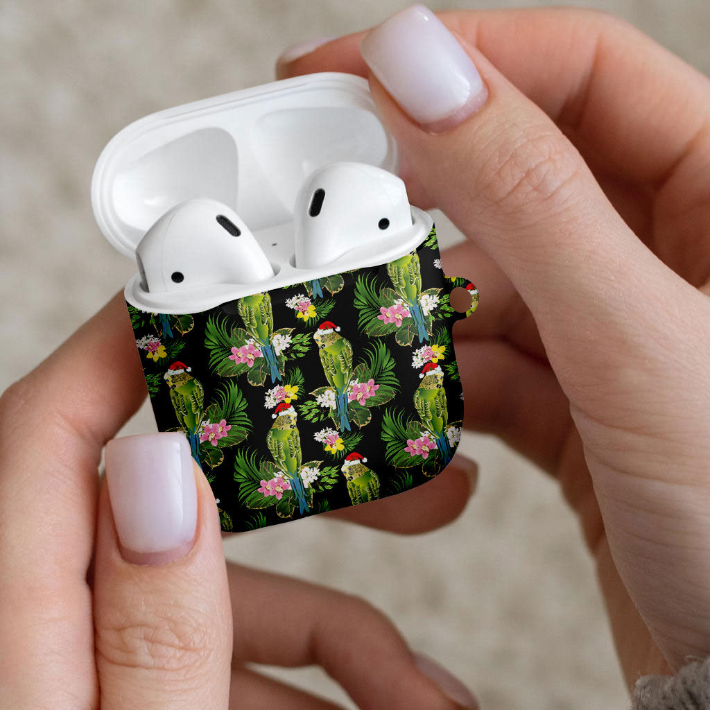 Aussie Santa Budgie Christmas AirPods Case Black Parakeet Tropical Floral
