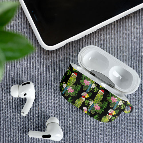 Aussie Santa Budgie Christmas AirPods Case Black Parakeet Tropical Floral