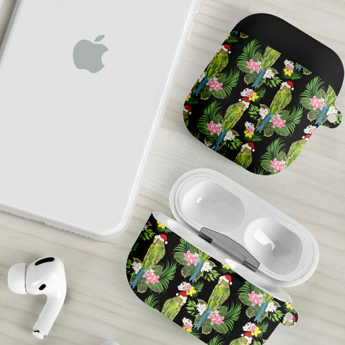 Aussie Santa Budgie Christmas AirPods Case Black Parakeet Tropical Floral