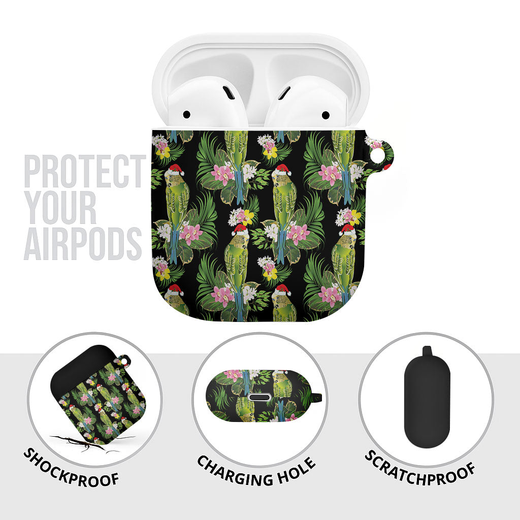 Aussie Santa Budgie Christmas AirPods Case Black Parakeet Tropical Floral