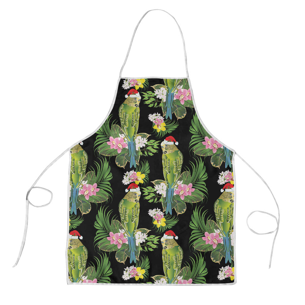 Aussie Santa Budgie Christmas Apron Black Parakeet Tropical Floral