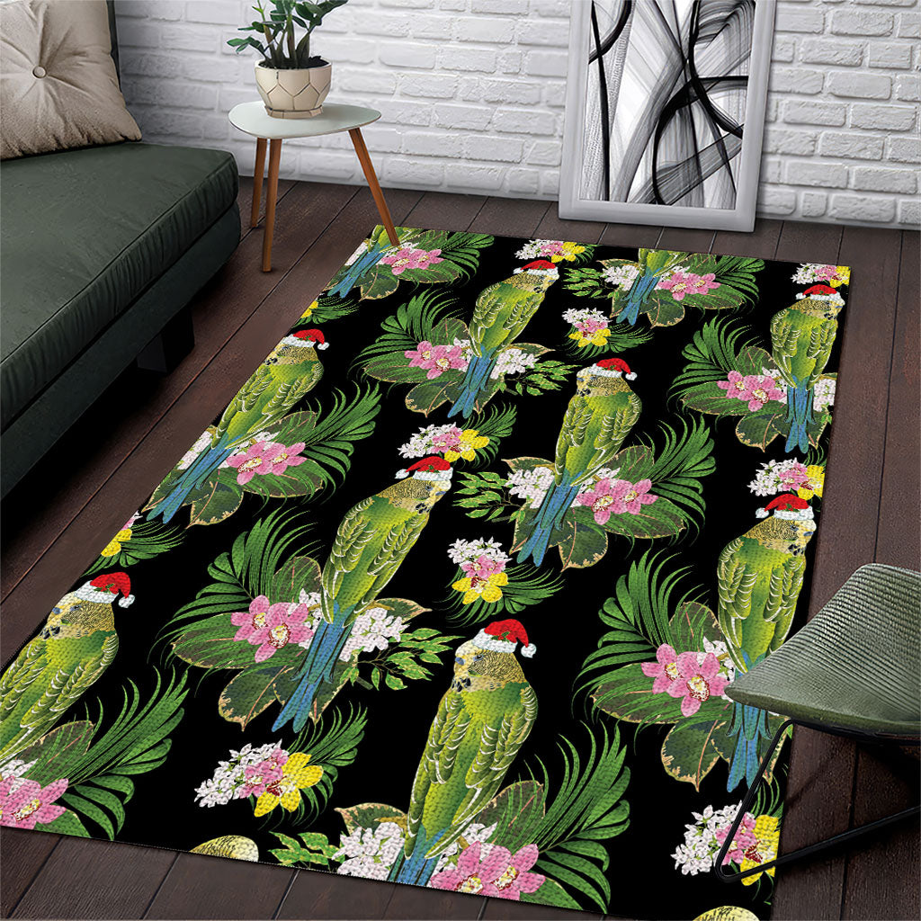 Aussie Santa Budgie Christmas Area Rug Black Parakeet Tropical Floral