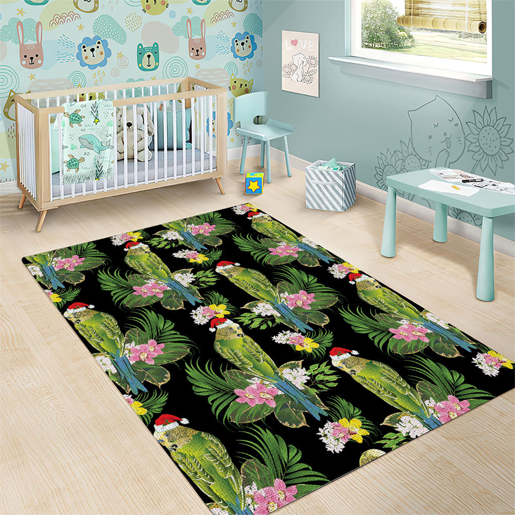 Aussie Santa Budgie Christmas Area Rug Black Parakeet Tropical Floral