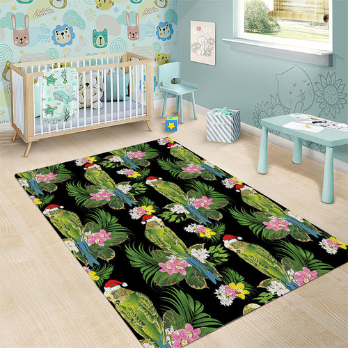 Aussie Santa Budgie Christmas Area Rug Black Parakeet Tropical Floral