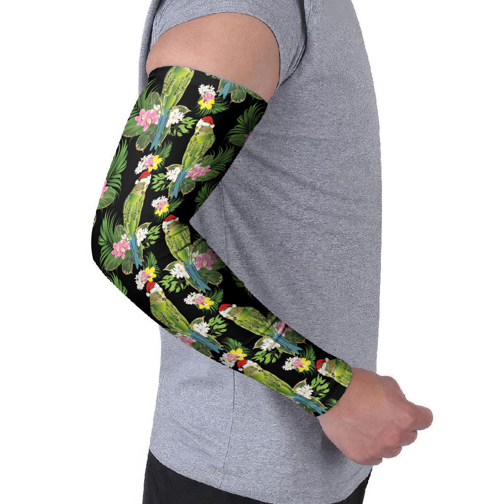 Aussie Santa Budgie Christmas Arm Sleeves Black Parakeet Tropical Floral