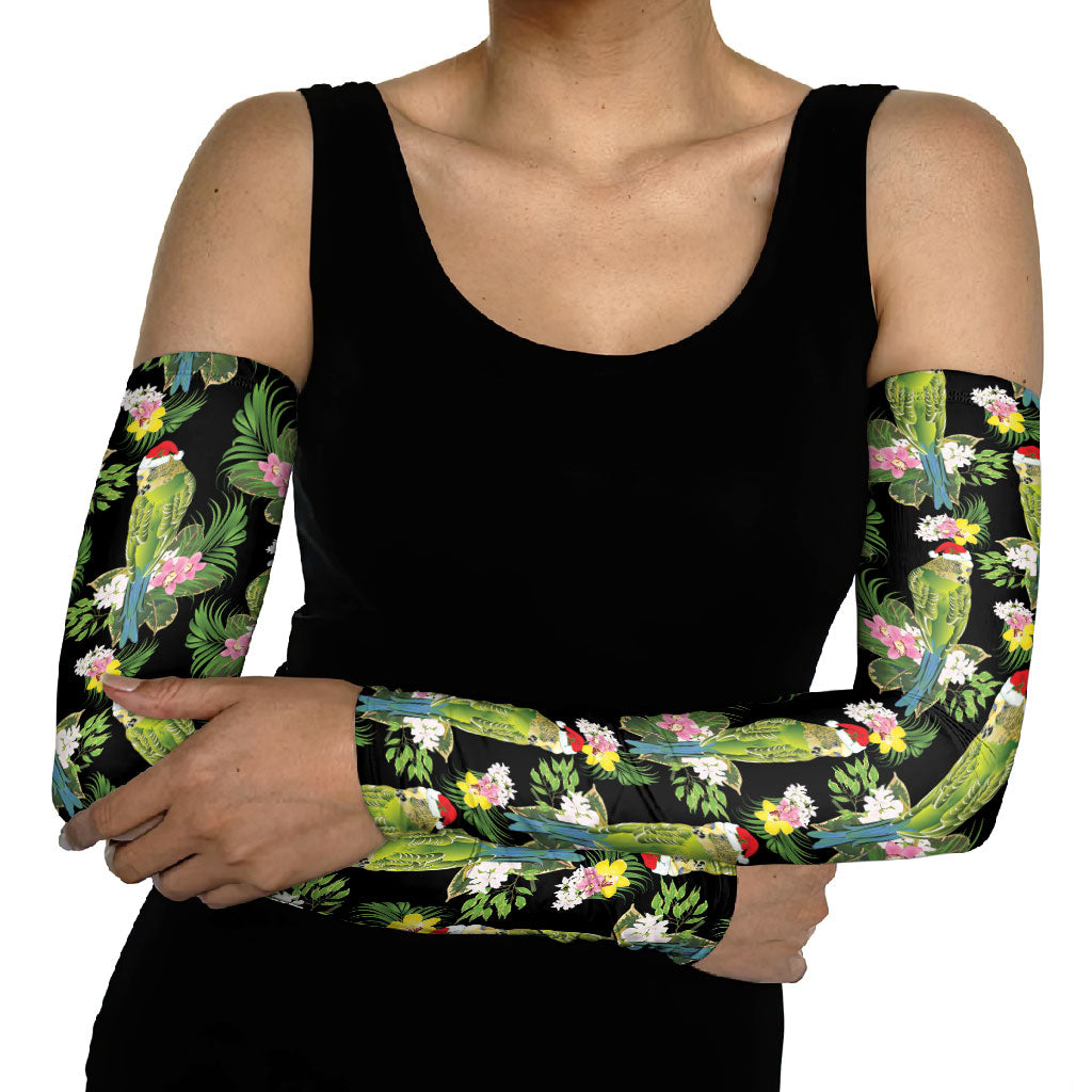 Aussie Santa Budgie Christmas Arm Sleeves Black Parakeet Tropical Floral