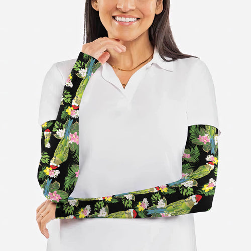 Aussie Santa Budgie Christmas Arm Sleeves Black Parakeet Tropical Floral