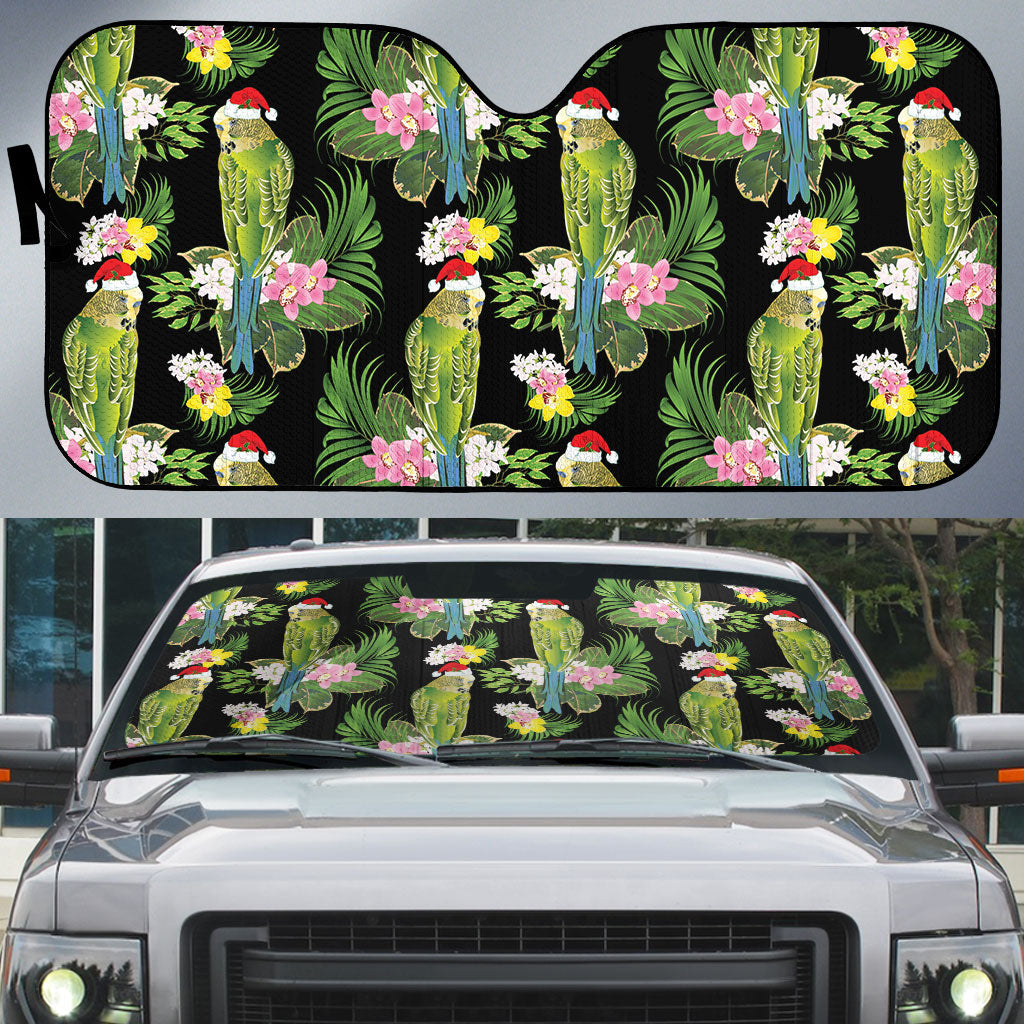 Aussie Santa Budgie Christmas Auto Sun Shade Black Parakeet Tropical Floral