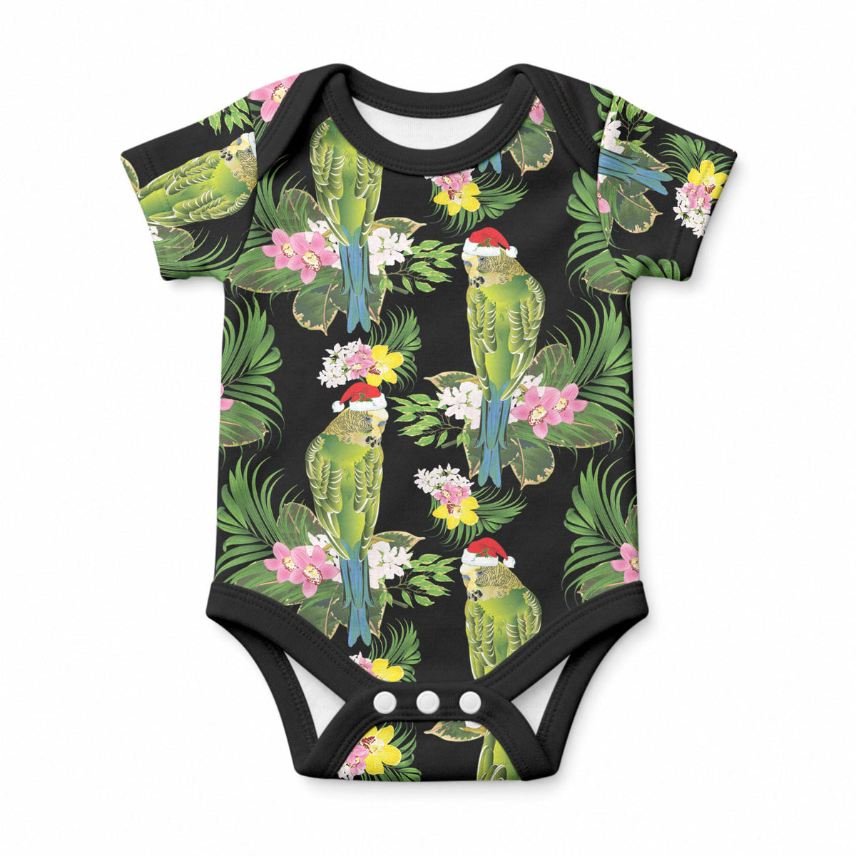 Aussie Santa Budgie Christmas Baby Onesie Black Parakeet Tropical Floral