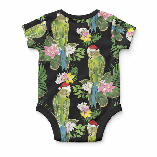 Aussie Santa Budgie Christmas Baby Onesie Black Parakeet Tropical Floral