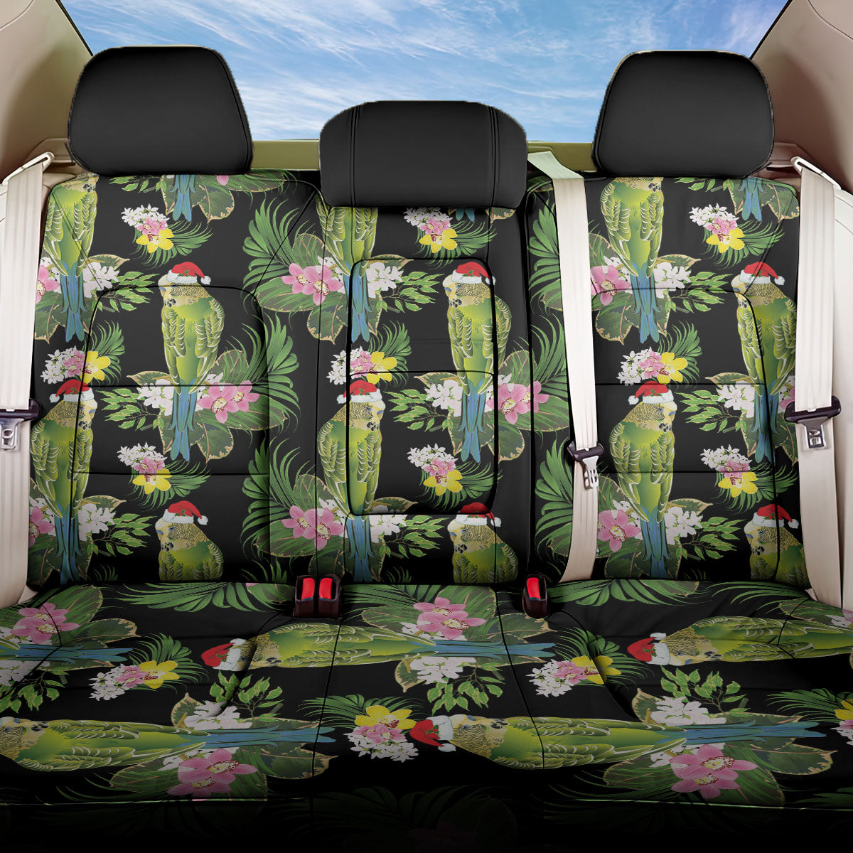 Aussie Santa Budgie Christmas Back Car Seat Cover Black Parakeet Tropical Floral