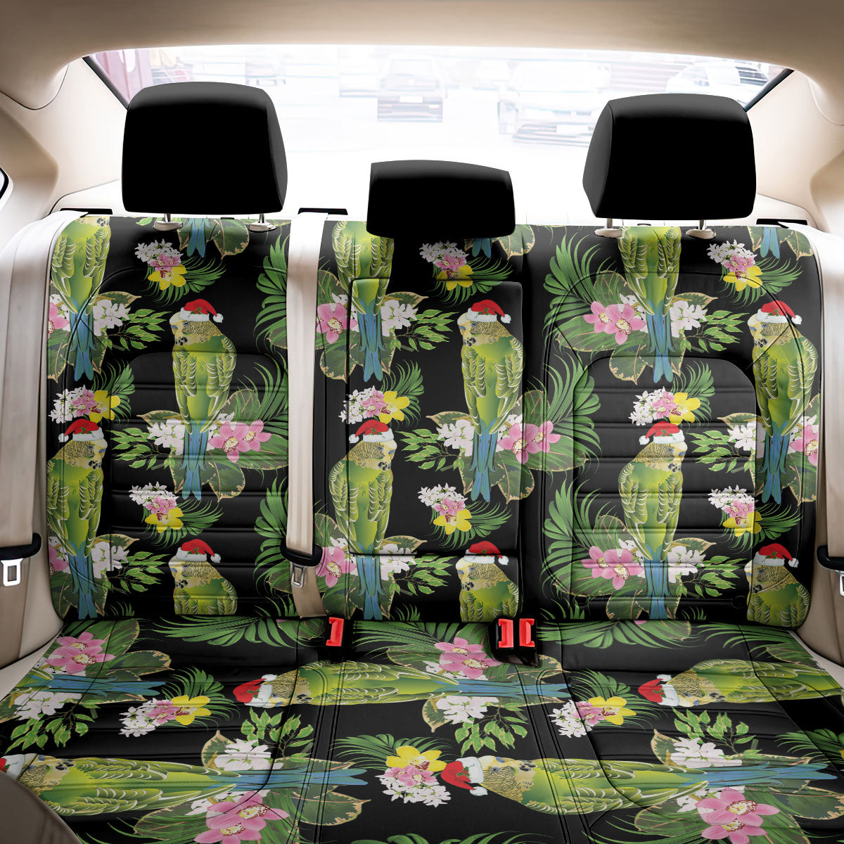 Aussie Santa Budgie Christmas Back Car Seat Cover Black Parakeet Tropical Floral