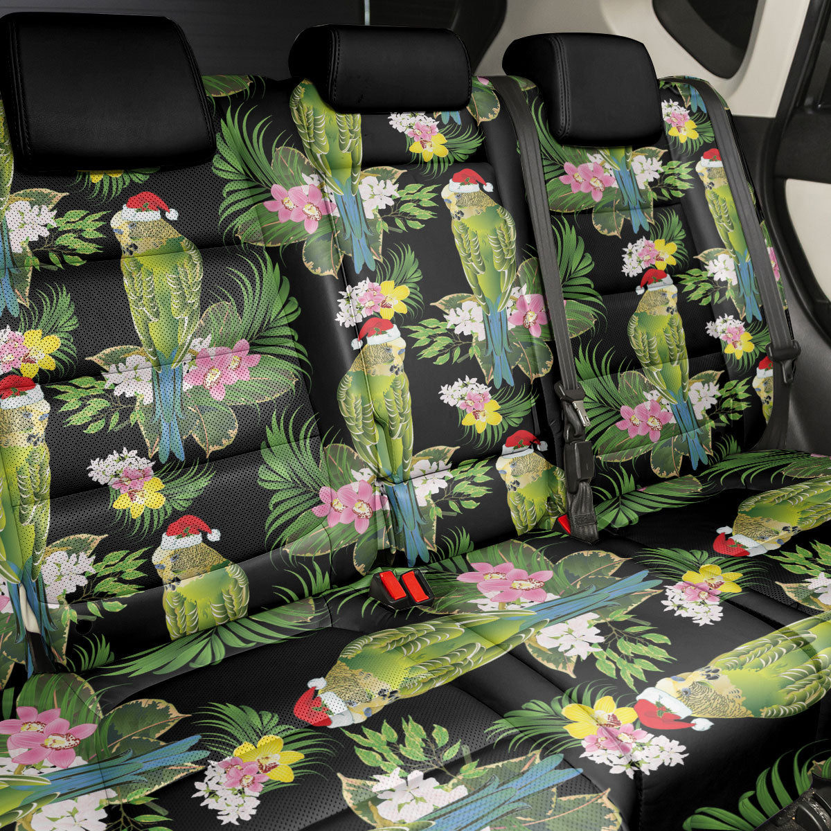 Aussie Santa Budgie Christmas Back Car Seat Cover Black Parakeet Tropical Floral