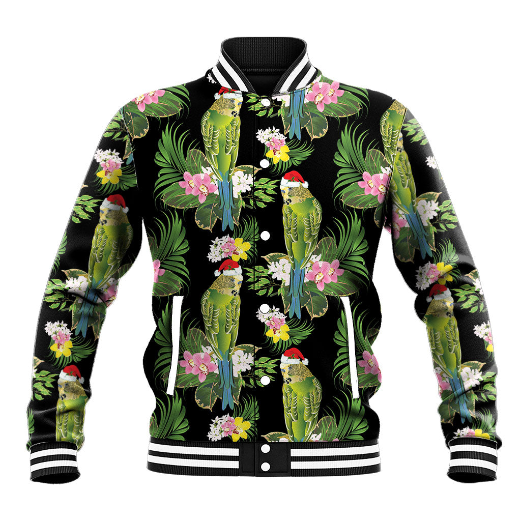 Aussie Santa Budgie Christmas Baseball Jacket Black Parakeet Tropical Floral