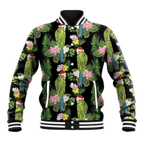 Aussie Santa Budgie Christmas Baseball Jacket Black Parakeet Tropical Floral