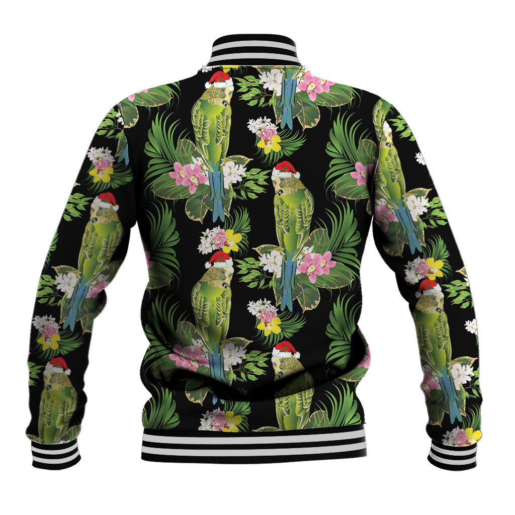 Aussie Santa Budgie Christmas Baseball Jacket Black Parakeet Tropical Floral