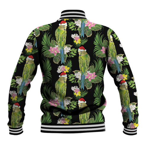 Aussie Santa Budgie Christmas Baseball Jacket Black Parakeet Tropical Floral