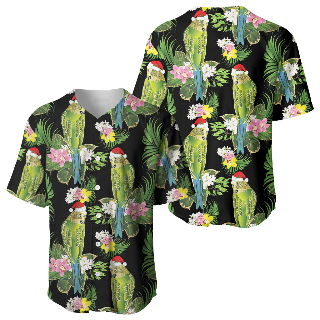Aussie Santa Budgie Christmas Baseball Jersey Black Parakeet Tropical Floral