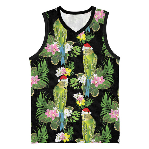 Aussie Santa Budgie Christmas Basketball Jersey Black Parakeet Tropical Floral