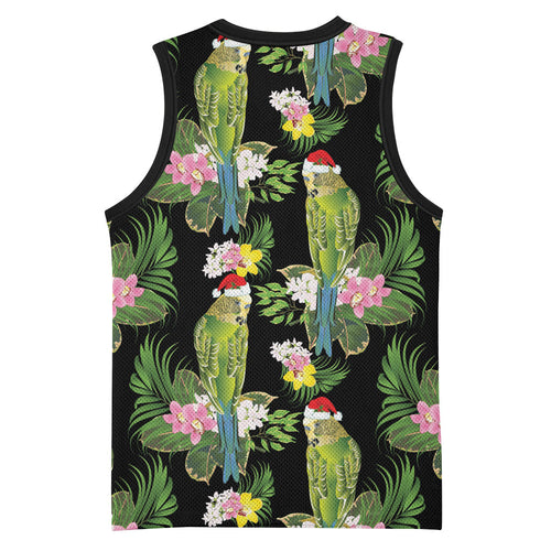 Aussie Santa Budgie Christmas Basketball Jersey Black Parakeet Tropical Floral